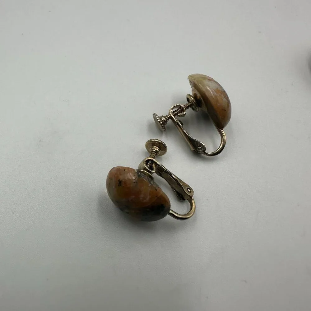 Vintage Brooch Earring Set Gold Tone Brown Marbled Stone Screw Back 1.5